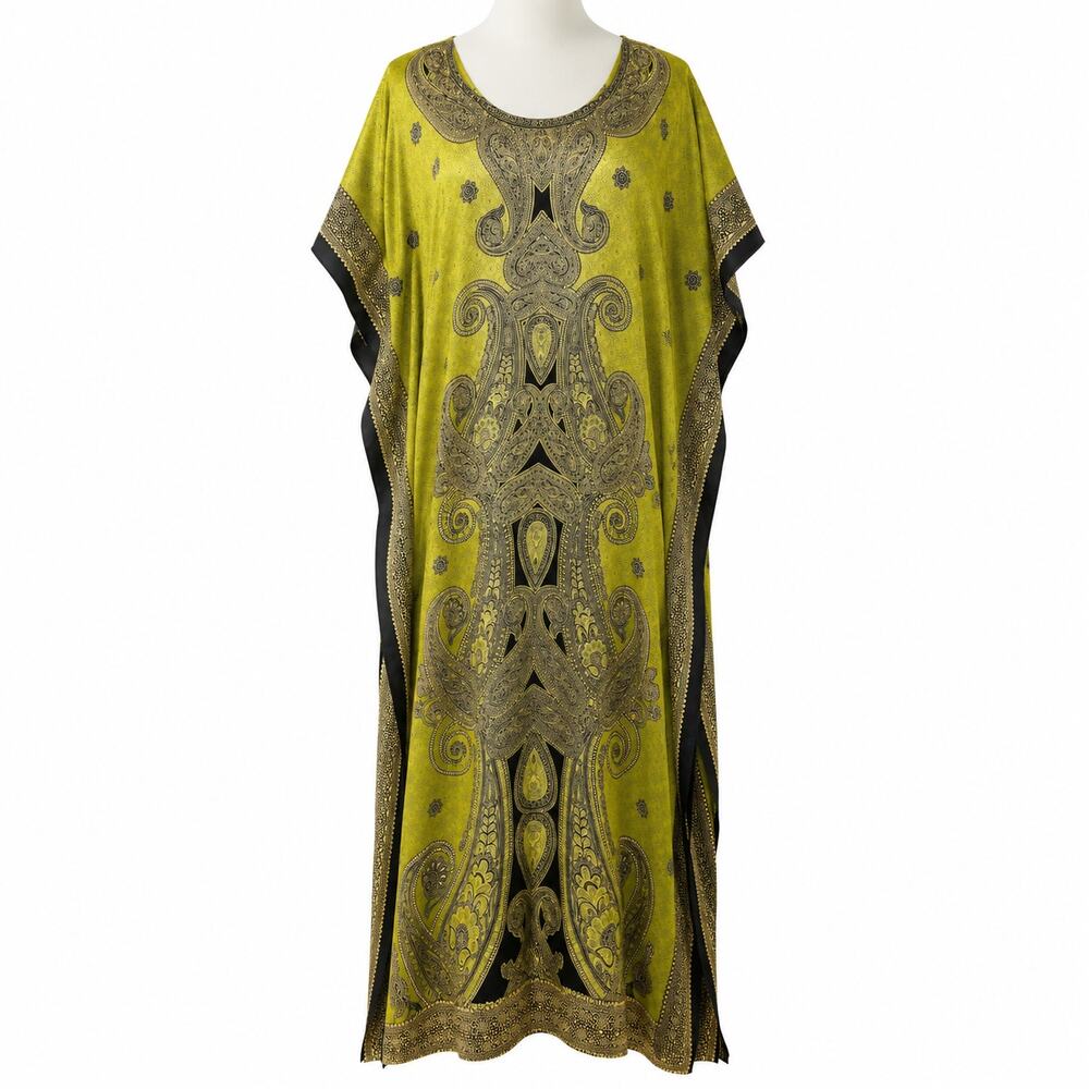 Sante Classics Womens Kaftan Maxi Dress Green Black Boho 2X Resort